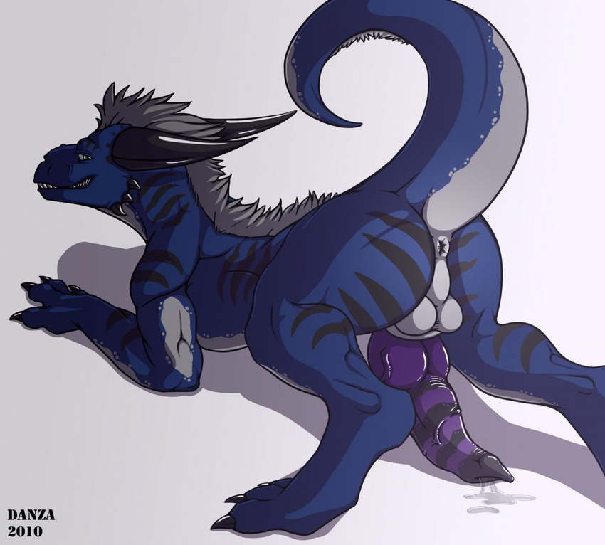 anthro anus balls biceps big_balls big_muscles big_penis blue_dragon butt danza danza_(character) dragon erection eyes green_eyes grin hair handsome horn horns knot legs male muscles nude penis pose precum presenting presenting_hindquarters raised_tail scalie solo tail