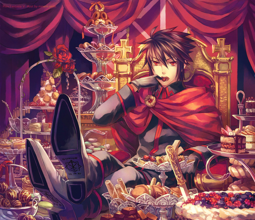 black_hair blueberry cake cape doughnut eating feast feet_on_table flower food fruit gloves highres knife lucas_(pixiv_fantasia) male_focus minami_seira pastry pie pixiv_fantasia pixiv_fantasia_5 red_eyes red_flower red_rose ribbon rose sitting solo strawberry throne tiered_tray trigard_empire
