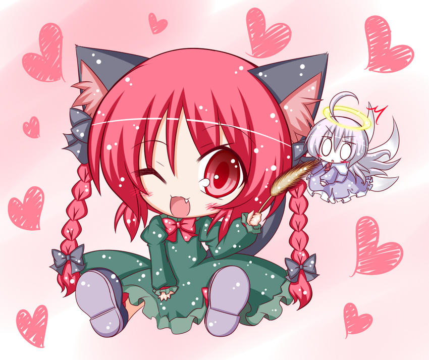 ;3 ;d ahoge animal_ears blush bow braid cat_ears cat_tail cattail chibi dress fang hair_bow halo heart kaenbyou_rin komakoma_(magicaltale) multiple_girls o_o one_eye_closed open_mouth plant red_eyes red_hair sitting smile tail touhou twin_braids twintails wings zombie_fairy