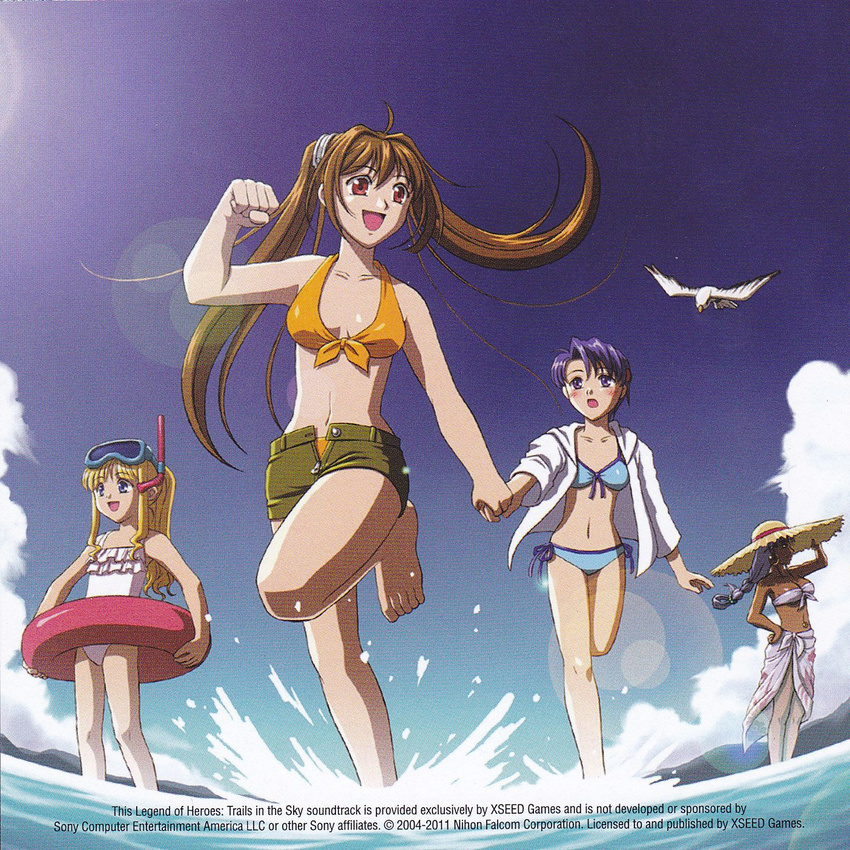 bandeau beach bikini bird day eiyuu_densetsu estelle_bright front-tie_top hat highres holding_hands kloe_rinz lens_flare multiple_girls navel official_art open_fly outdoors sarong scherazard_harvey seagull sky snorkel swimsuit tita_russell unzipped