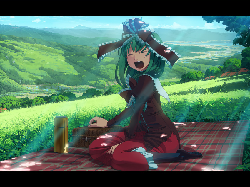 :d basket black_legwear bow closed_eyes day frills front_ponytail grass green_hair hair_bow highres kagiyama_hina landscape letterboxed light_rays nature open_mouth outdoors pantyhose picnic plaid scenery sitting sky smile solo sunbeam sunlight takuzui thermos touhou tree tree_shade valley wariza
