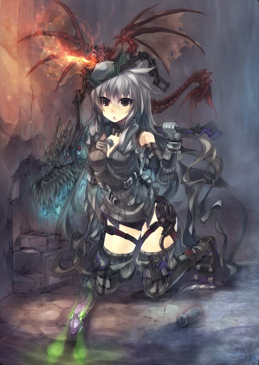black_hair boots breasts brown_eyes cable cleavage dragon elbow_gloves fire gloves glowing glowing_eyes hand_on_own_chest headdress highres kneeling long_hair mamuru medium_breasts original snake solo thigh_boots thighhighs very_long_hair weapon wrench