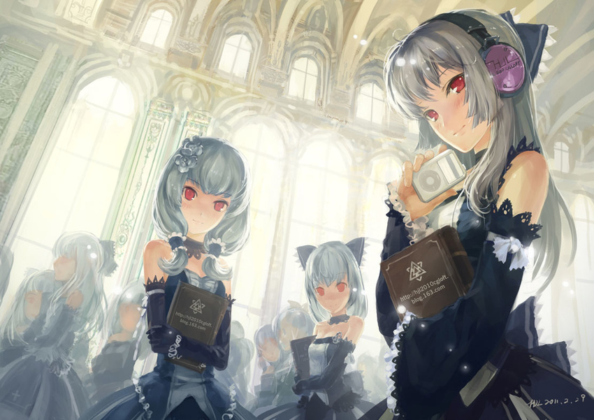 blush book bow breasts camera detached_sleeves digital_media_player dress elbow_gloves gloves hair_bow headphones hjl ipod medium_breasts multiple_girls pixiv_fantasia pixiv_fantasia_5 red_eyes school_uniform silver_hair smile strapless strapless_dress twintails