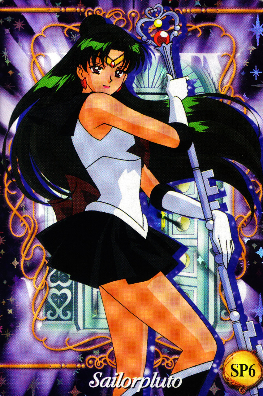 bishoujo_senshi_sailor_moon boot boots card dark_skin green_hair highres key legs long_hair long_legs meiou_setsuna miniskirt official_art red_eyes sailor_pluto skirt sleeveless smile very_long_hair