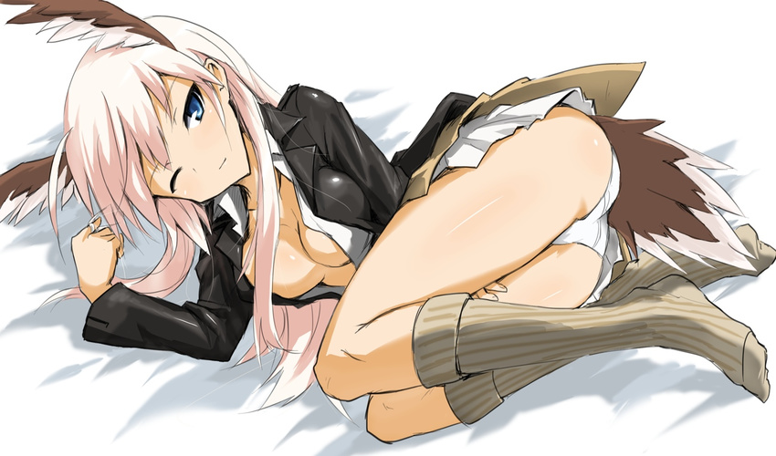 bad_id bad_pixiv_id blue_eyes dakku_(ogitsune) hanna-justina_marseille head_wings long_hair lying military military_uniform on_side one_eye_closed open_clothes open_shirt panties pantyshot shirt silver_hair socks solo strike_witches tail underwear uniform world_witches_series