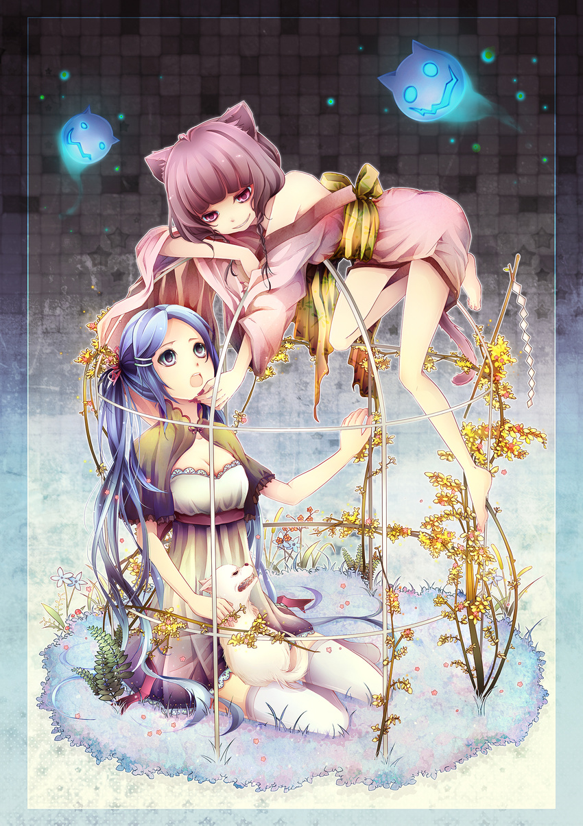 absurdres animal_ears bad_id bad_pixiv_id bare_legs barefoot birdcage blue_eyes blue_hair braid breasts cage capelet cat_ears cleavage ghost highres japanese_clothes kimono long_hair medium_breasts multiple_girls nail_polish nyaroro obi off_shoulder open_mouth original pink_eyes red_hair sash short_kimono thighhighs twin_braids twintails
