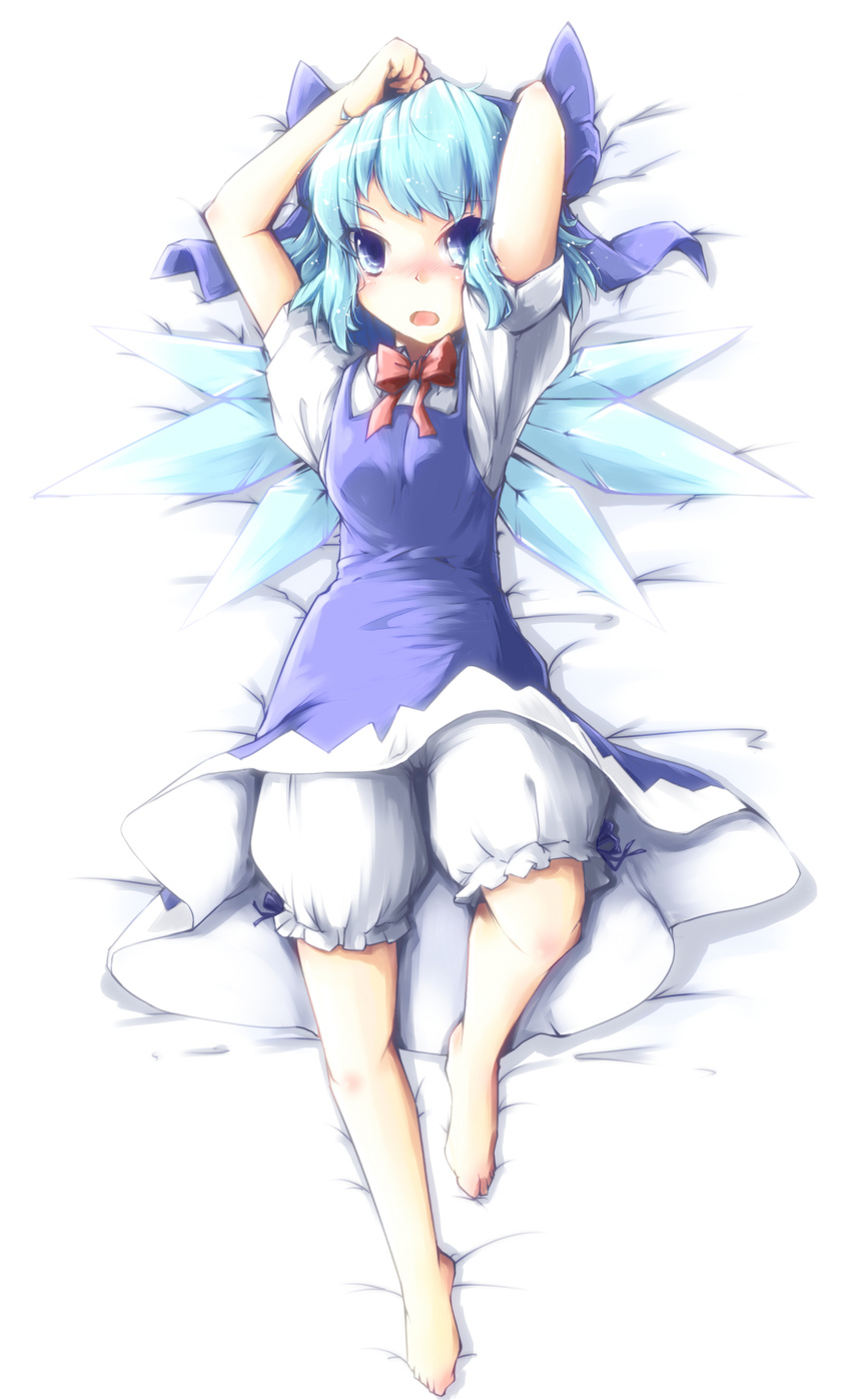 absurdres bad_id bad_pixiv_id barefoot bloomers blue_eyes blue_hair cirno highres lying short_hair solo toor_0111 touhou underwear wings