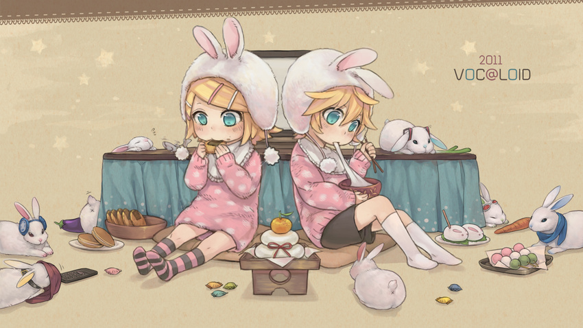 1girl 2011 animal animal_ears animalization aqua_eyes bad_id bad_pixiv_id blonde_hair blush brother_and_sister bunny bunny_ears child clothed_animal eating food formalin gumi hair_ornament hairclip hat hatsune_miku kagamine_len kagamine_rin kaito kamui_gakupo lily_(vocaloid) sf-a2_miki short_hair shorts siblings sitting socks striped striped_legwear sweater twins vocaloid white_legwear younger