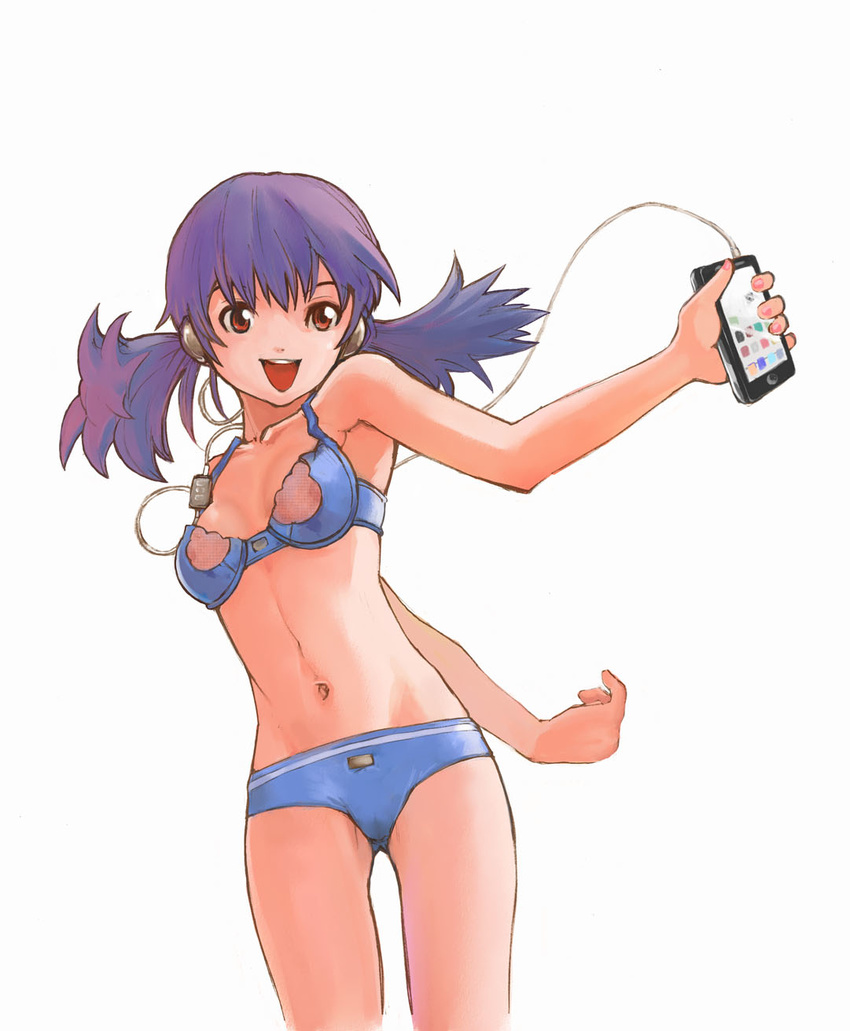 :d areolae armpits bikini breasts brown_eyes cellphone headphones highres iphone long_hair navel open_mouth original phone purple_hair saitani_umetarou see-through small_breasts smartphone smile solo swimsuit twintails