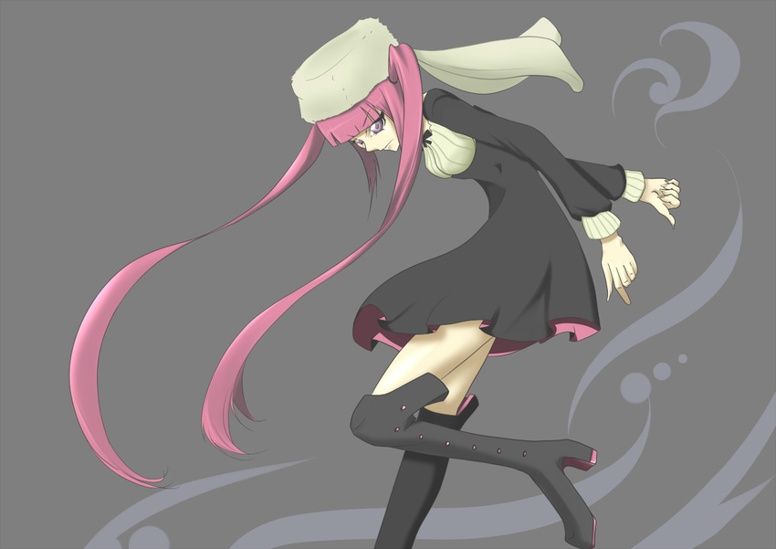 39degrees bleach boots dokugamine_riruka dress fullbringer hat high_heels knee_boots long_hair pink_eyes pink_hair shoes solo twintails