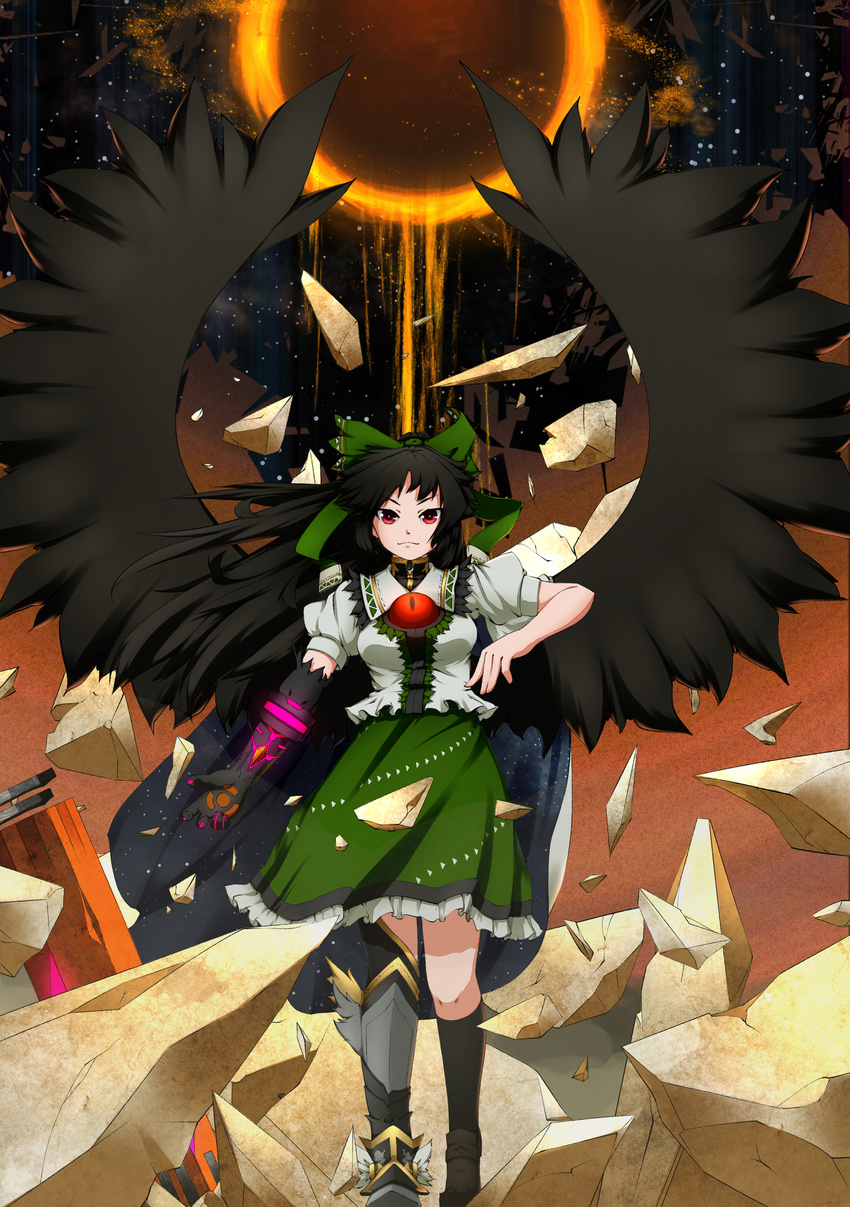 absurdres arm_cannon black_hair black_wings bow duplicate elbow_gloves gloves hair_bow highres hullzion large_wings long_hair md5_mismatch red_eyes reiuji_utsuho rock single_glove smile solo third_eye touhou weapon wings
