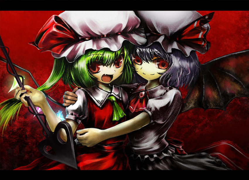 bad_id bad_pixiv_id bat_wings blue_hair dress fang flandre_scarlet green_hair hat hug laevatein letterboxed mocchi multiple_girls open_mouth pink_dress red_dress red_eyes remilia_scarlet siblings side_ponytail sisters smile touhou wings