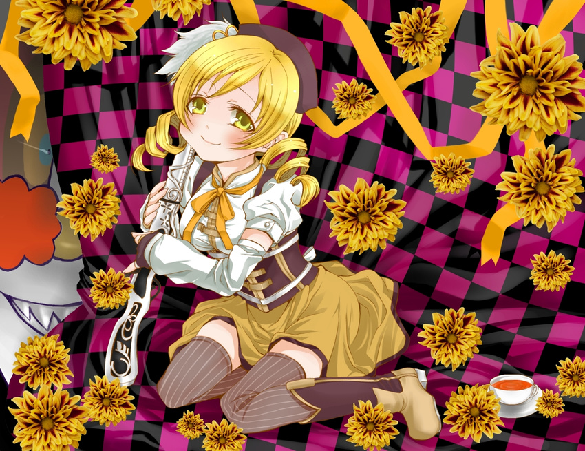 beret blonde_hair boots breasts brown_legwear charlotte_(madoka_magica) checkered checkered_background corset cup curtains detached_sleeves drill_hair fingerless_gloves flower gloves gun hair_ornament hairpin hat magical_girl magical_musket mahou_shoujo_madoka_magica medium_breasts pleated_skirt puffy_sleeves ribbon rifle ryokuya shirt sitting skirt smile striped striped_legwear taut_clothes taut_shirt teacup thighhighs tomoe_mami twin_drills twintails vertical-striped_legwear vertical_stripes weapon witch's_labyrinth yellow_eyes zettai_ryouiki