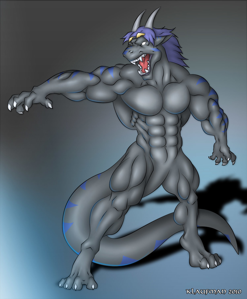 anthro black black_body blue blue_markings dragon hair klaufman male markings muscles nude pose solo
