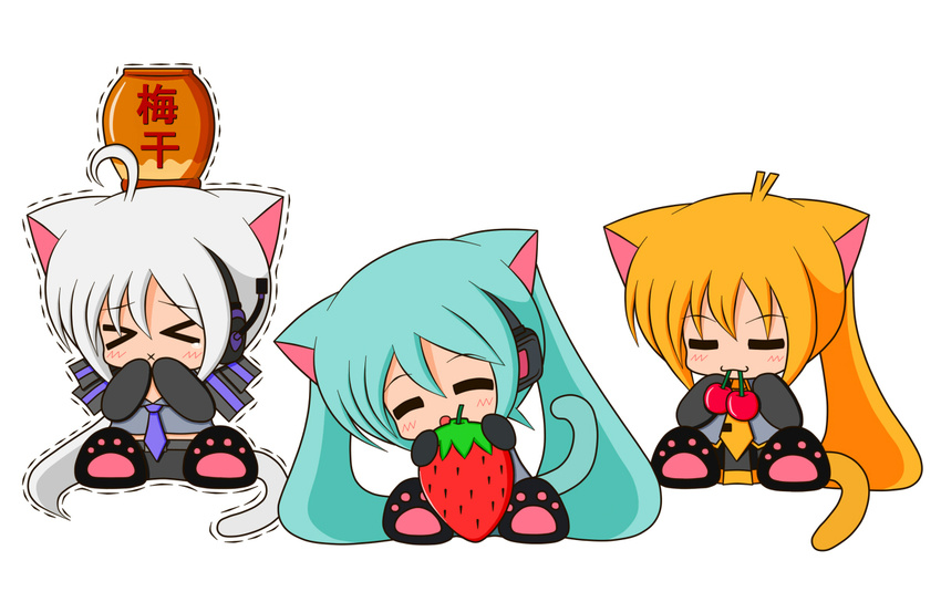 akita_neru animal_ears catgirl cherries chibi hatsune_miku headphones possible_duplicate strawberry suzunonaruki tail vocaloid white yowane_haku