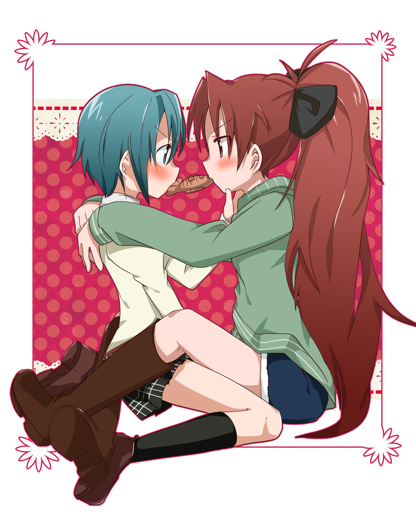 blue_eyes blue_hair blush boots bow casual denim denim_shorts eating eye_contact food frown funmatu hair_bow highres hug kneehighs long_hair looking_at_another mahou_shoujo_madoka_magica miki_sayaka mitakihara_school_uniform multiple_girls ponytail red_eyes red_hair sakura_kyouko school_uniform shared_food short_hair shorts sitting skirt taiyaki wagashi yuri