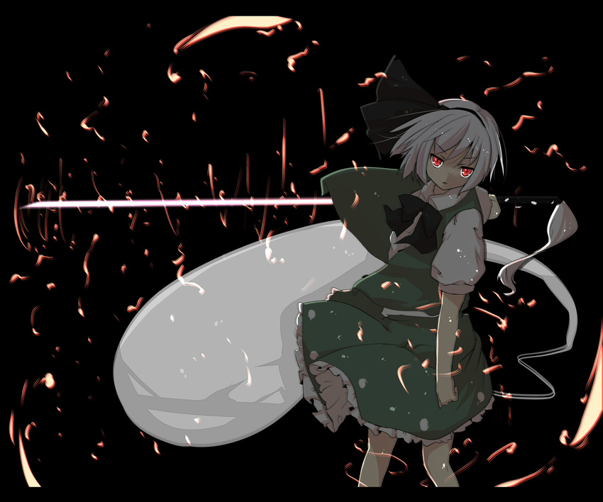 ghost glowing katanakko_daisuki konpaku_youmu konpaku_youmu_(ghost) open_mouth red_eyes short_hair silver_hair solo sparks sword touhou weapon