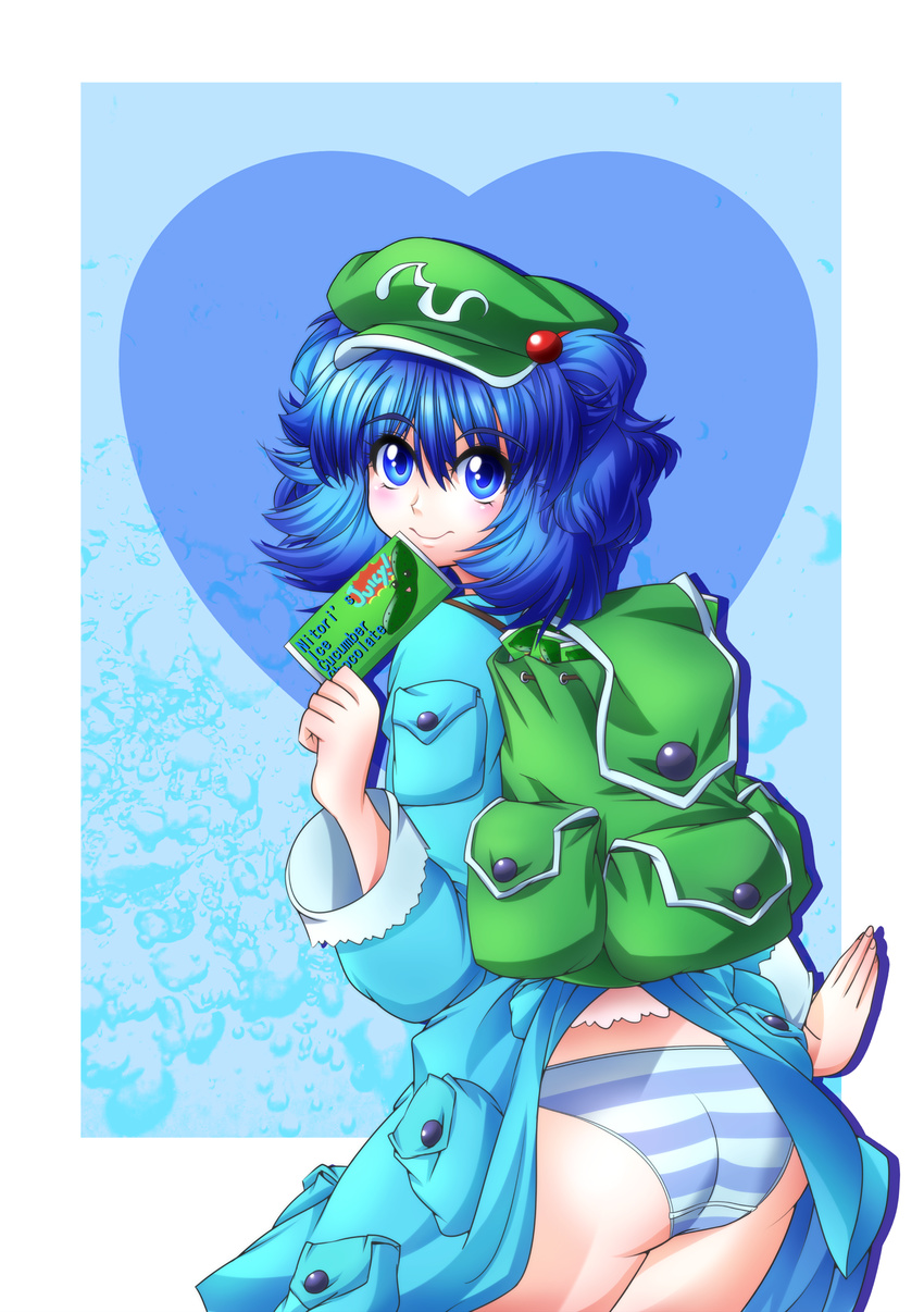 absurdres ass backpack bag blue_eyes blue_hair hair_bobbles hair_ornament hat highres kawashiro_nitori md5_mismatch panties raionsan short_hair solo striped striped_panties touhou two_side_up underwear