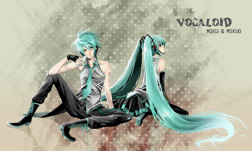 1girl aqua_eyes aqua_hair bad_id bad_pixiv_id cd detached_sleeves fingerless_gloves genderswap genderswap_(ftm) gloves hatsune_miku hatsune_mikuo headphones headset long_hair moneko nail_polish necktie sitting skirt thighhighs twintails very_long_hair vocaloid