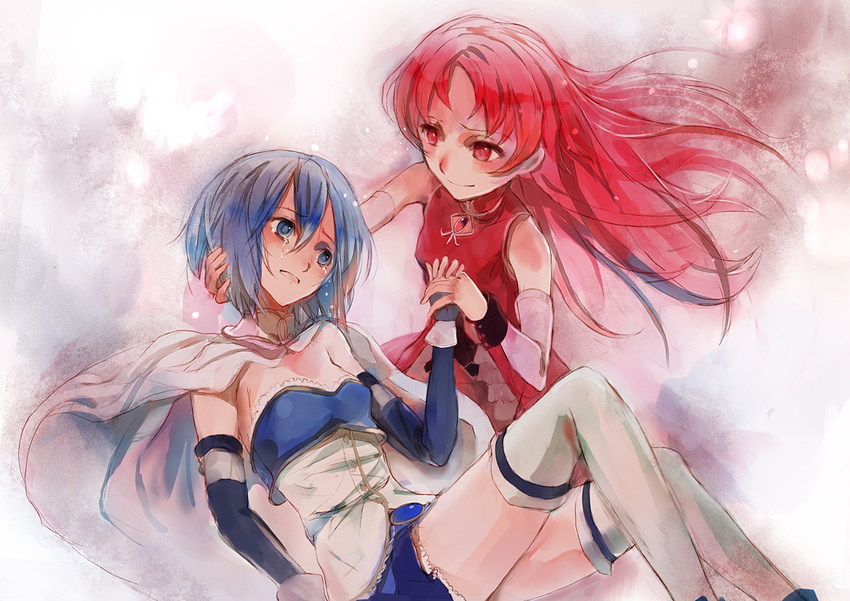 blue_eyes blue_hair cape long_hair magical_girl mahou_shoujo_madoka_magica miki_sayaka multiple_girls nokishita ponytail red_eyes red_hair sakura_kyouko short_hair thighhighs