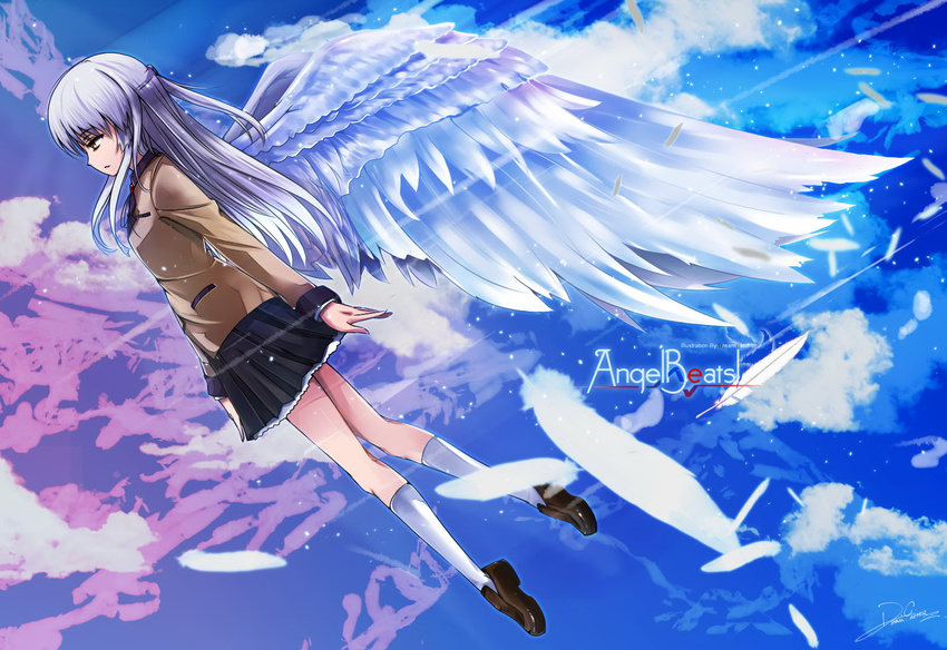 angel_beats! blazer blue_hair dreamcatcher feathers flying highres jacket school_uniform solo tenshi_(angel_beats!) wings