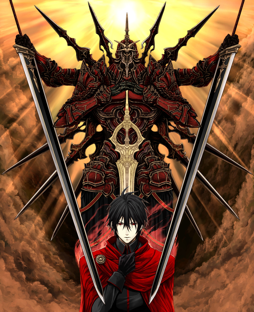 absurdres armor black_hair cloak cloud gloves highres kooten_bergh_no_youhei lucas_(pixiv_fantasia) male_focus pixiv_fantasia pixiv_fantasia_5 red_eyes solo sun sword weapon