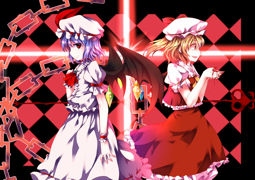 absurdres bat_wings blood chain crazy_eyes cross flandre_scarlet highres huangquan_dong_(sinchi) laevatein multiple_girls profile remilia_scarlet sad short_hair siblings sisters touhou wings wrist_cuffs