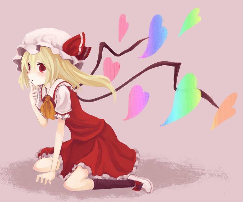 :o alternate_wings arm_support ascot asymmetrical_hair bad_id bad_pixiv_id black_legwear blonde_hair blush bow finger_to_mouth flandre_scarlet frilled_shirt_collar frilled_skirt frills hair_between_eyes hat hat_ribbon heart highres kneehighs kneeling leaning_forward looking_at_viewer looking_to_the_side mary_janes mob_cap mugi_(banban53) open_mouth parted_lips pink_background red_bow red_eyes red_ribbon red_skirt ribbon shoe_bow shoes short_sleeves side_ponytail simple_background sitting skirt skirt_set solo touhou wariza white_footwear wings yellow_neckwear