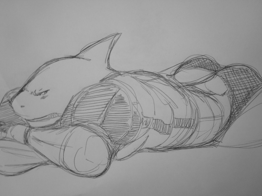 butt dorsal_fin fangs fins looking_at_viewer lying male marine muscles scalie shark sketch solo staticlustdemons