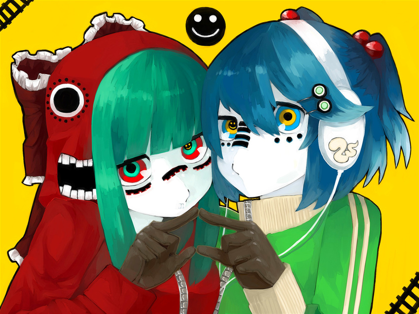 alternate_costume bad_id bad_pixiv_id blue_hair bodypaint bow crazy_eyes face facial_mark gloves green_eyes green_hair grin hair_bobbles hair_bow hair_ornament hairclip hands headphones highres hood hoodie jpeg_artifacts kagiyama_hina kawashiro_nitori matryoshka_(vocaloid) multicolored multicolored_eyes multiple_girls o3o red_eyes short_hair smile symbol-shaped_pupils touhou vocaloid yellow_eyes yomosaka