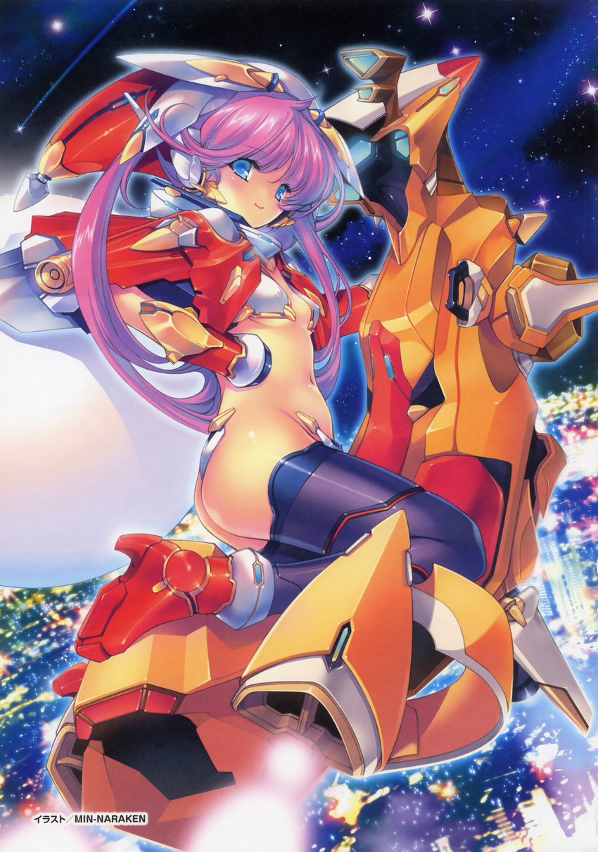 absurdres blue_eyes breasts city flying highres long_hair mecha mecha_musume min-naraken night original pink_hair revealing_clothes small_breasts smile solo tan thighhighs