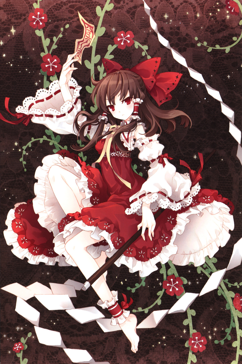 absurdres ankle_cuffs barefoot bow brown_hair detached_sleeves embellished_costume face feet flower frilled_hair_tubes frilled_shirt_collar frills gohei hair_bow hair_tubes hakurei_reimu highres jewelry lace long_hair neck_ribbon nontraditional_miko ofuda red_eyes red_ribbon ribbon ribbon-trimmed_sleeves ribbon_trim scan skirt skirt_set solo tarot tearfish touhou white_collar white_sleeves yellow_ribbon
