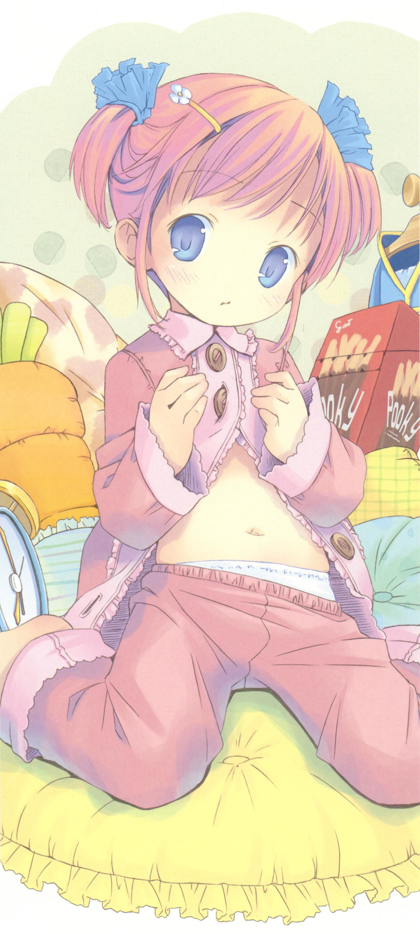 absurdres belly blue_eyes blush buttons clock flat_chest flower hair_ornament hairpin highres kneeling long_sleeves marl_(project_witch) midriff navel non-web_source open_clothes pajamas panties pantyshot pantyshot_(kneeling) pillow pop project_witch red_hair scrunchie short_hair short_twintails solo twintails unbuttoned underwear white_panties