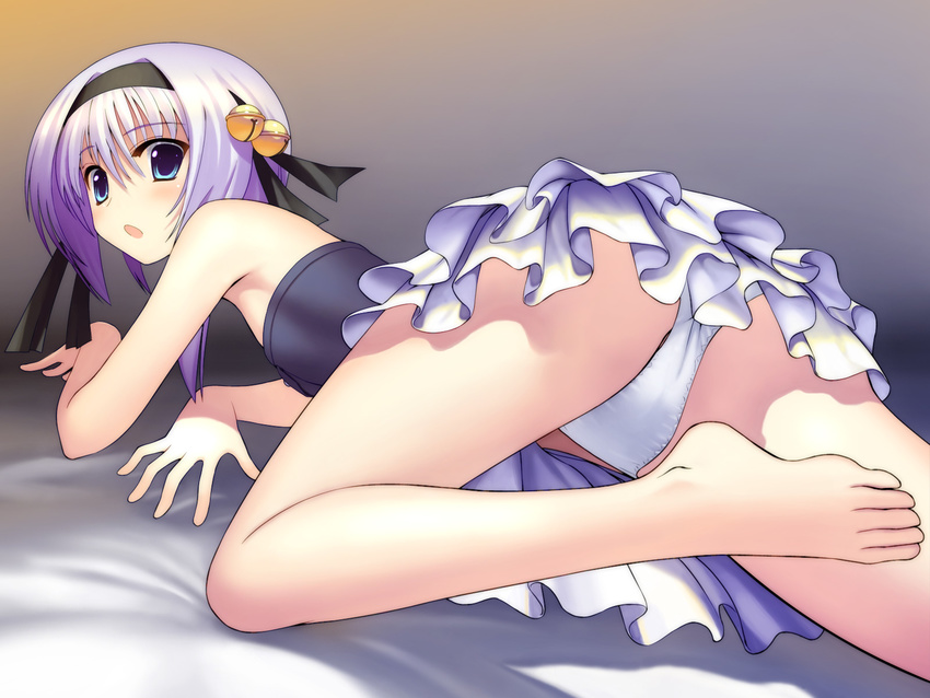 :o barefoot blue_eyes bou feet foreshortening hair_ornament hairband highres hinata_ibuki hoshizora_e_kakaru_hashi long_legs panties pantyshot purple_hair short_hair solo underwear wallpaper white_panties