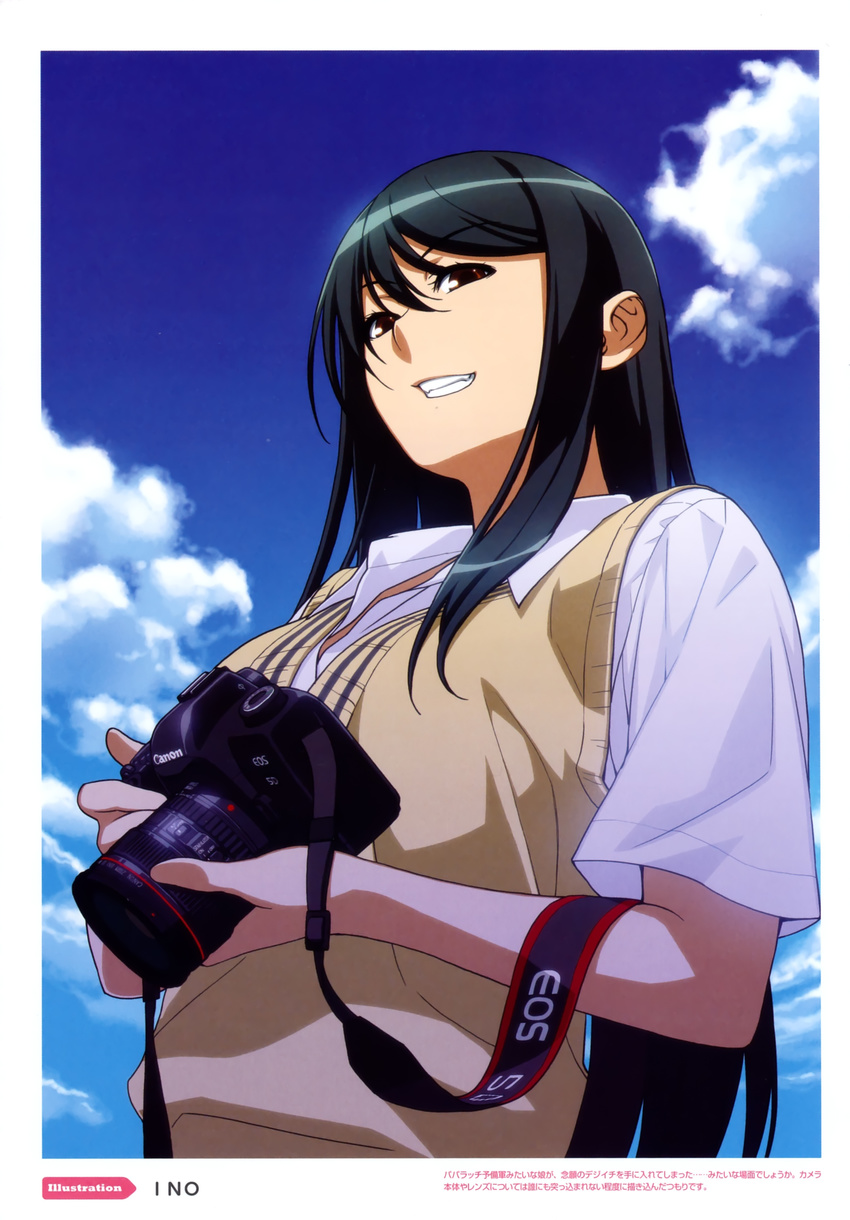 absurdres artist_name black_hair border brown_eyes camera cloud copyright_request day from_below glowing grin highres holding ino long_hair school_uniform sky smile solo strap sweater_vest