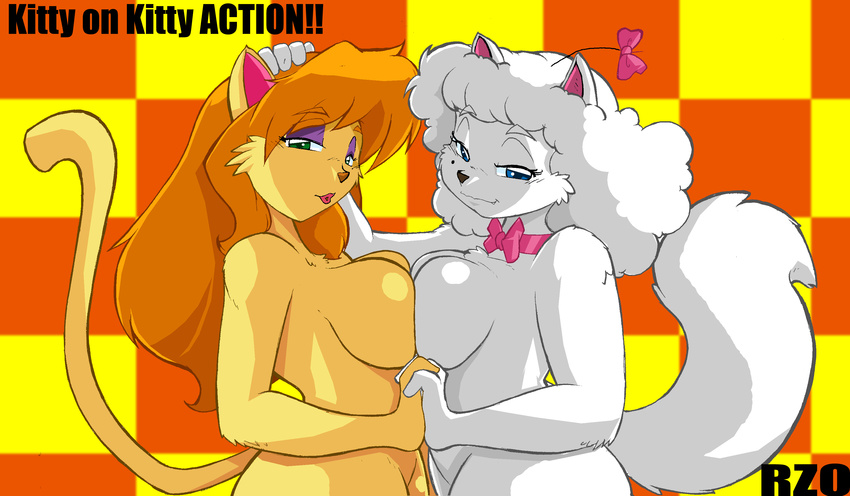 anthro blonde_hair blue_eyes boob_squish bow breast_squish breasts cat cleo cleo_catillac duo feline female fur green_eyes hair heathcliff_&amp;_the_catillac_cats lesbian looking_at_viewer makeup mammal nude shonuff sonja tail the_catillac_cats white white_fur