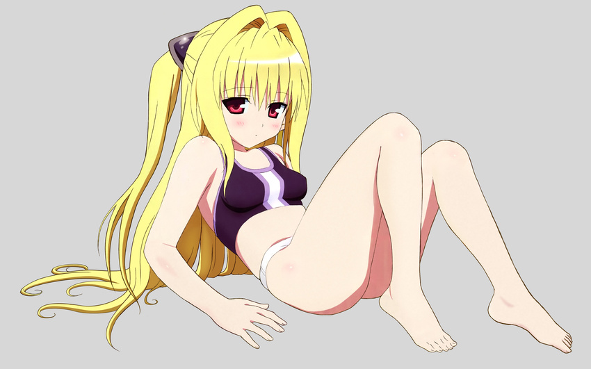 absurdres barefoot bikini blonde_hair blush feet full_body hair_intakes highres katou_hatsue konjiki_no_yami long_hair red_eyes simple_background solo swimsuit to_love-ru two_side_up very_long_hair