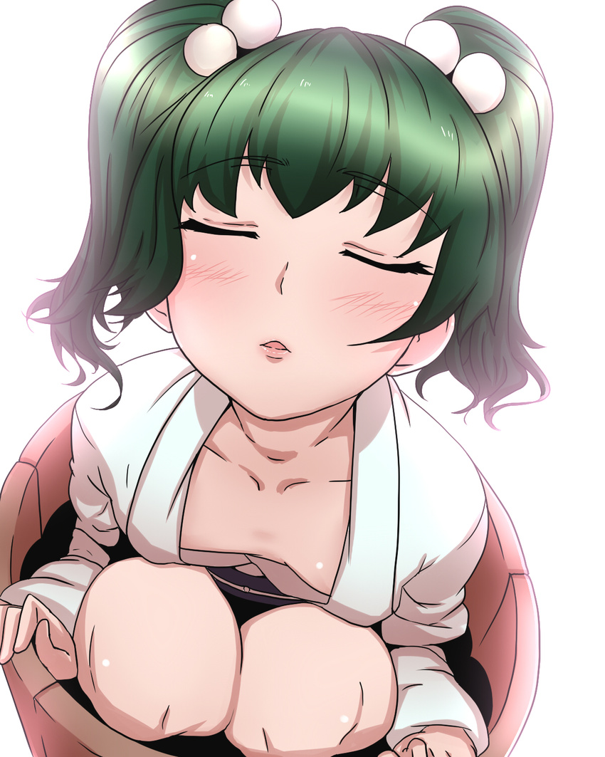 bakuya blush bucket closed_eyes face flat_chest green_hair hair_bobbles hair_ornament highres in_bucket in_container incoming_kiss kisume solo touhou wooden_bucket