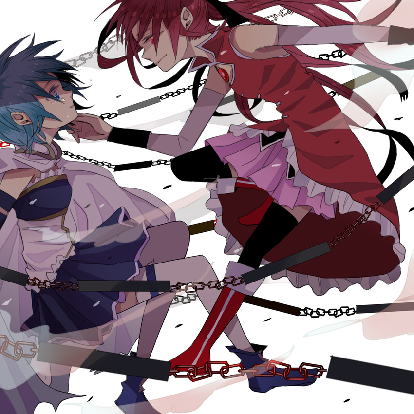 asou_(zone54) bad_id bad_pixiv_id bare_shoulders blue_eyes blue_hair boots cape chin_grab detached_sleeves long_hair magical_girl mahou_shoujo_madoka_magica miki_sayaka multiple_girls ponytail red_eyes red_hair sakura_kyouko short_hair smile tears thighhighs weapon yuri