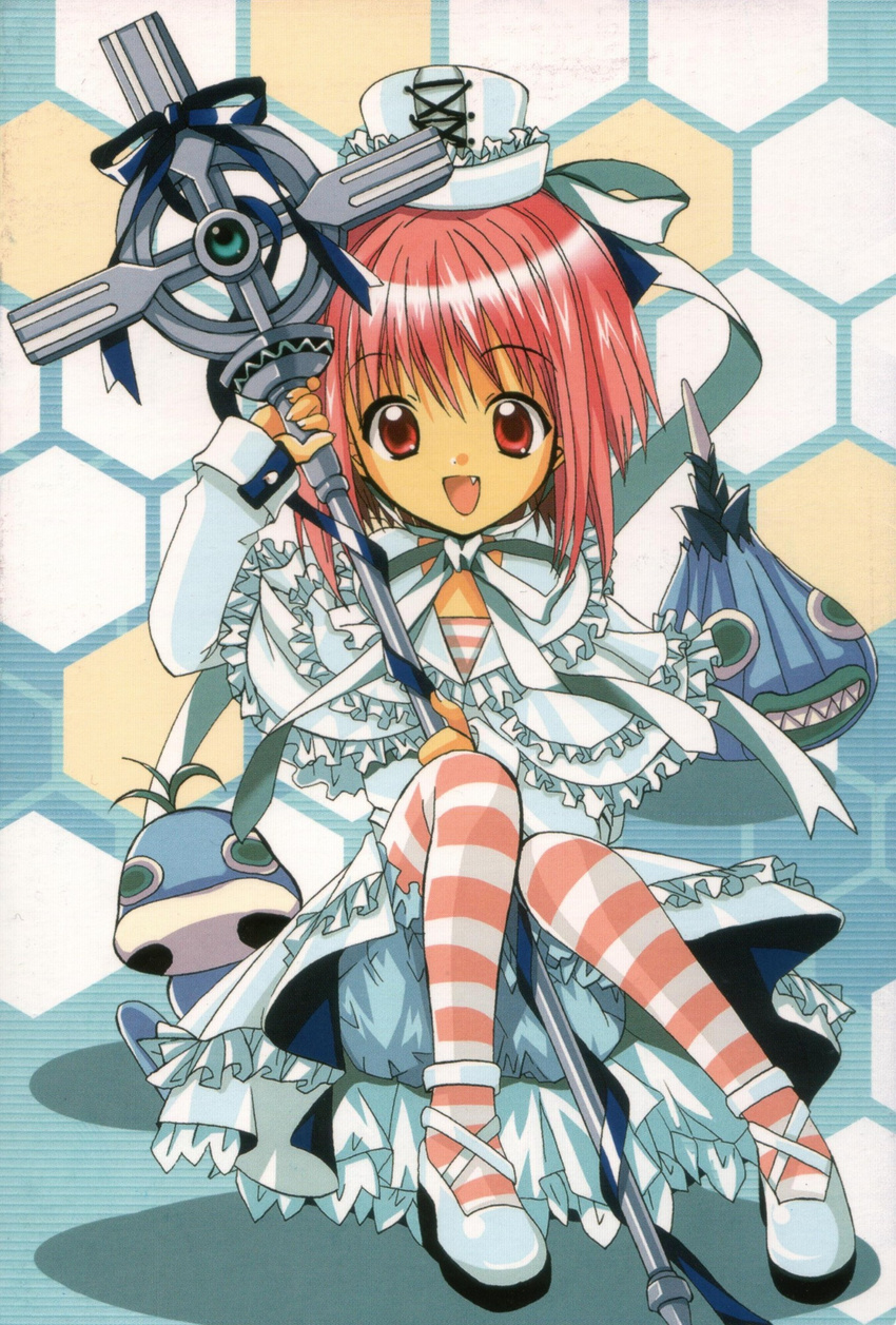 .hack//tasogare_no_udewa_densetsu 1girl dress duplicate grunty hat highres honeycomb_(pattern) honeycomb_background izumi_rei mireille_(.hack//) pantyhose solo staff striped striped_legwear