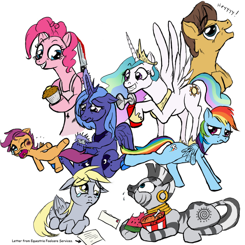 air_horn amber_eyes apron armor avian bird blonde_hair blood blue_hair brown_hair caramel_(mlp) chicken crown cub cupcake cupcakes_(mlp_fanfic) cutie_mark cutting derpy_hooves_(mlp) ear_piercing emo english_text equine fandom female feral friendship_is_magic fur group hair horn horns horse knife letter male mammal multi-colored_hair my_little_pony pegasus piercing pink_eyes pink_fur pinkie_pie_(mlp) plain_background pony princess princess_celestia_(mlp) princess_luna_(mlp) psycho racism racist rainbow_dash_(mlp) rainbow_hair razor_blade royalty scootabuse scootaloo_(mlp) tears text two_tone_hair unknown_artist watermelon white_background winged_unicorn wings young zebra zecora_(mlp)