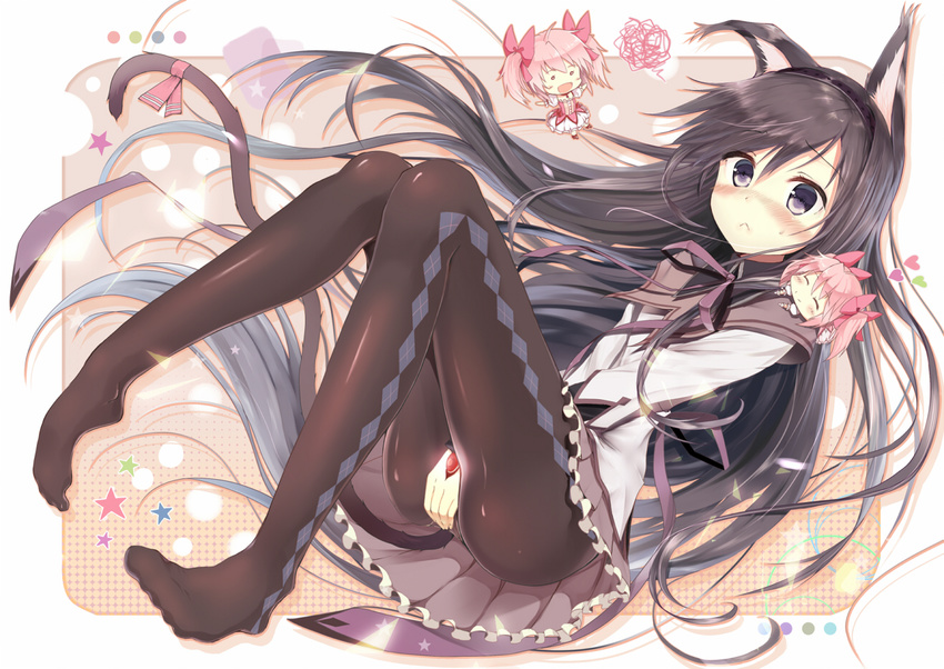 :&lt; akabane_(zebrasmise) akemi_homura animal_ears argyle argyle_legwear black_hair black_hairband blush cat_ears chibi covering covering_crotch feet hairband heart kaname_madoka kemonomimi_mode knees_together_feet_apart long_hair mahou_shoujo_madoka_magica minigirl multiple_girls panties panties_under_pantyhose pantyhose ribbon short_hair short_twintails skirt tail tail_ribbon twintails underwear v_arms