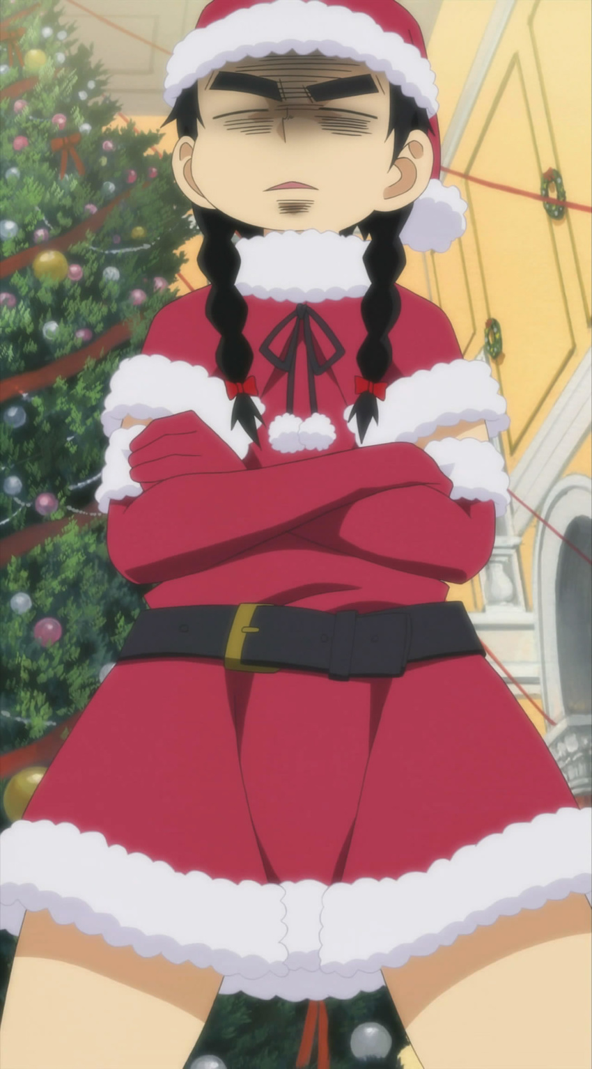 black_hair braid chiba_yuudai christmas crossdressing crossed_arms hat highres male_focus mitsudomoe non-web_source santa_costume santa_hat solo stitched third-party_edit