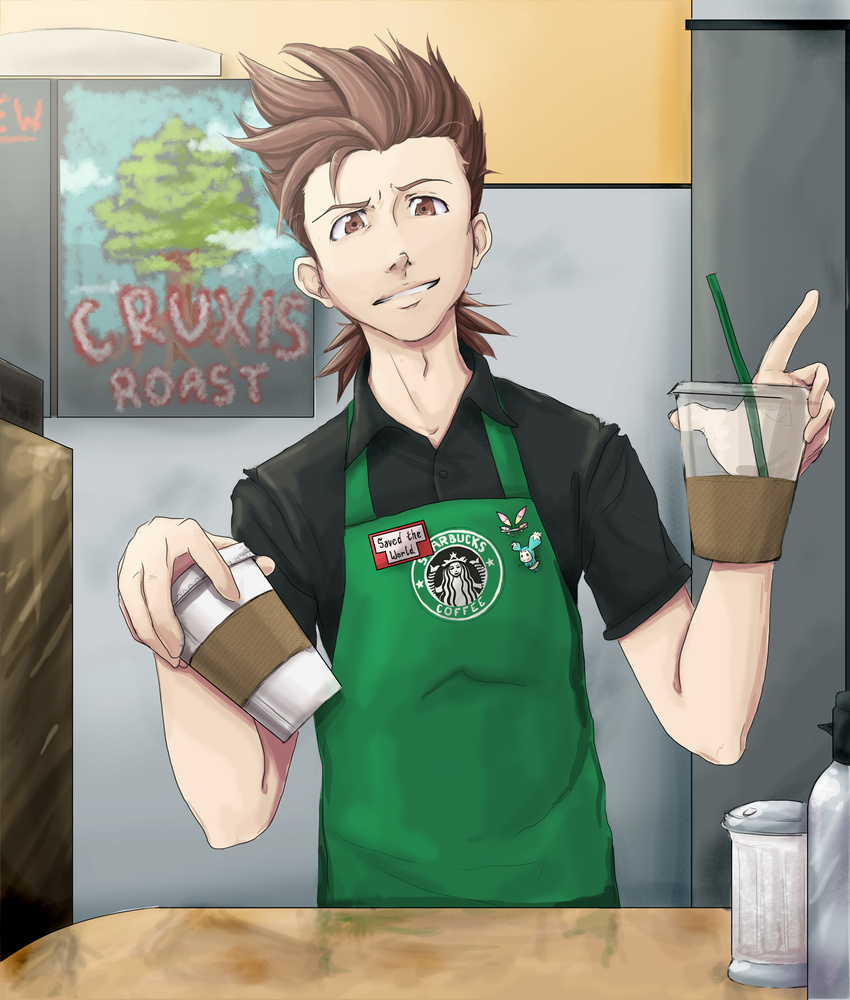 absurdres apron badge brown_hair coffee cup drinking_straw english highres lloyd_irving male_focus mieu solo starbucks sugar_(food) tales_of_(series) tales_of_symphonia tree