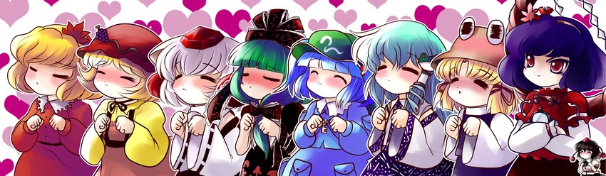 absurdres aki_minoriko aki_shizuha blush closed_eyes heart highres incoming_kiss inubashiri_momiji kagiyama_hina kawashiro_nitori kochiya_sanae moriya_suwako mountain_of_faith multiple_girls shameimaru_aya touhou yasaka_kanako yume_shokunin