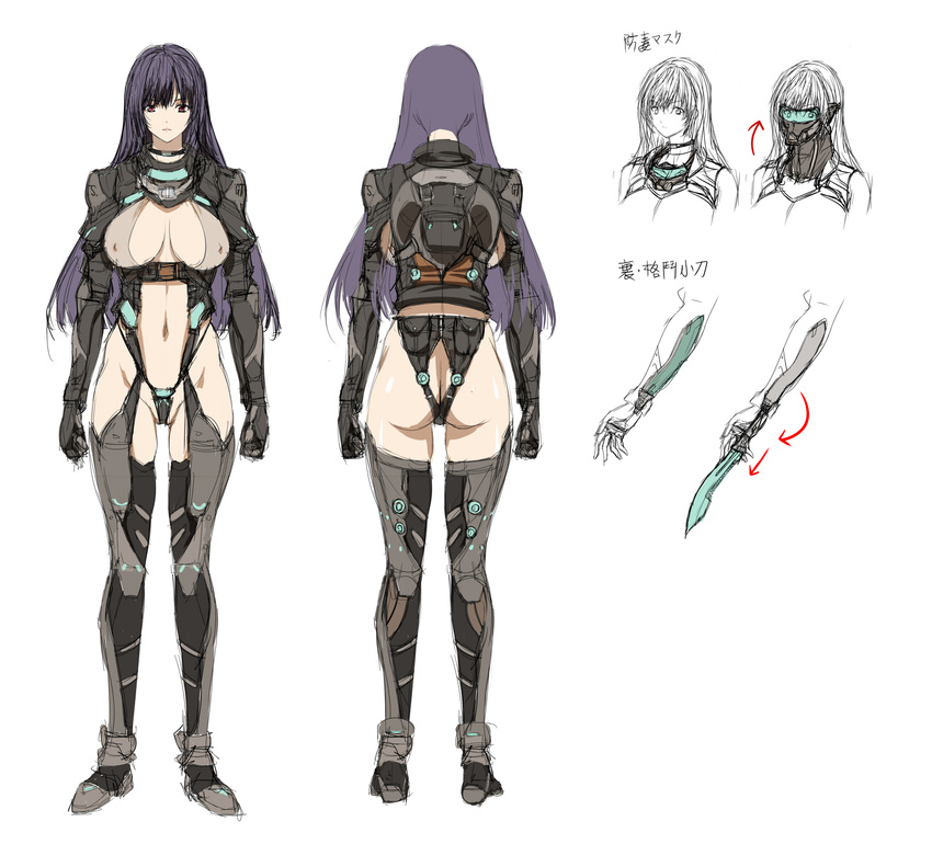 1girl artist_request ass bodysuit breasts cleavage combat_suit female front_and_back hidden_blade highres long_hair looking_at_viewer mask no_bra no_panties purple_hair q_azieru revealing_clothes shaved_pussy simple_background solo sword thighhighs translation_request visor weapon white_background