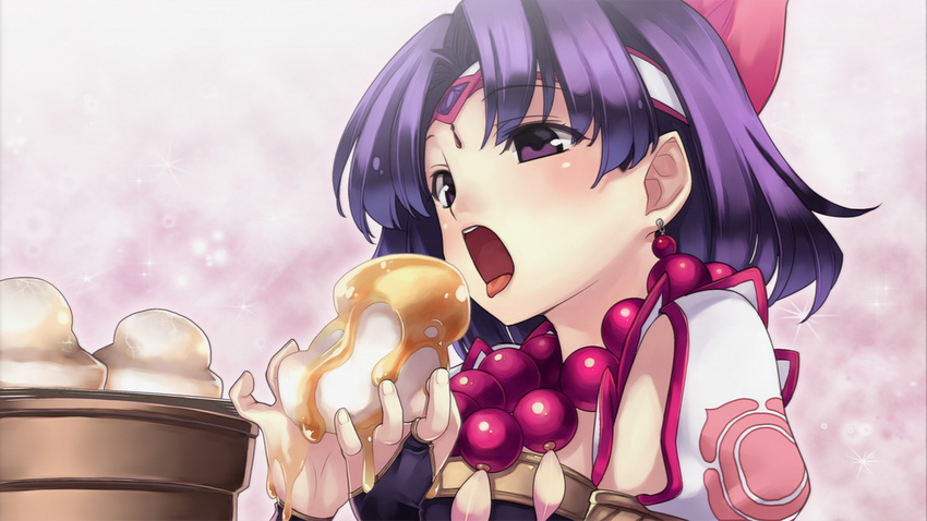 agarest_senki_(series) agarest_senki_2 blush earrings eating face game_cg headband hirano_katsuyuki jewelry necklace open_mouth purple_eyes purple_hair ri_ra_rua sexually_suggestive short_hair solo