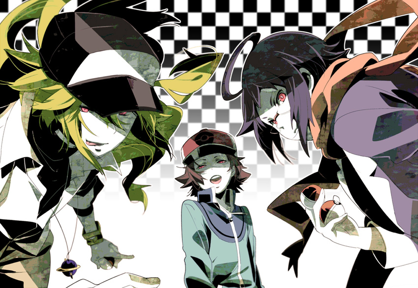 :d :p ahoge arms_at_sides baseball_cap between_fingers black_hair black_hat bracelet brown_hair checkered checkered_background cheren_(pokemon) closed_mouth frown glasses green_hair hair_between_eyes half-closed_eyes hat holding holding_poke_ball jewelry leaning_forward licking_lips long_hair long_sleeves male_focus multiple_boys n_(pokemon) open_mouth pink_eyes poke_ball poke_ball_symbol pokemon pokemon_(game) pokemon_bw purple_hair red_eyes rimless_eyewear scarf shaded_face short_hair shuri_(84k) smile tongue tongue_out touya_(pokemon) turtleneck upper_body white_skin zipper