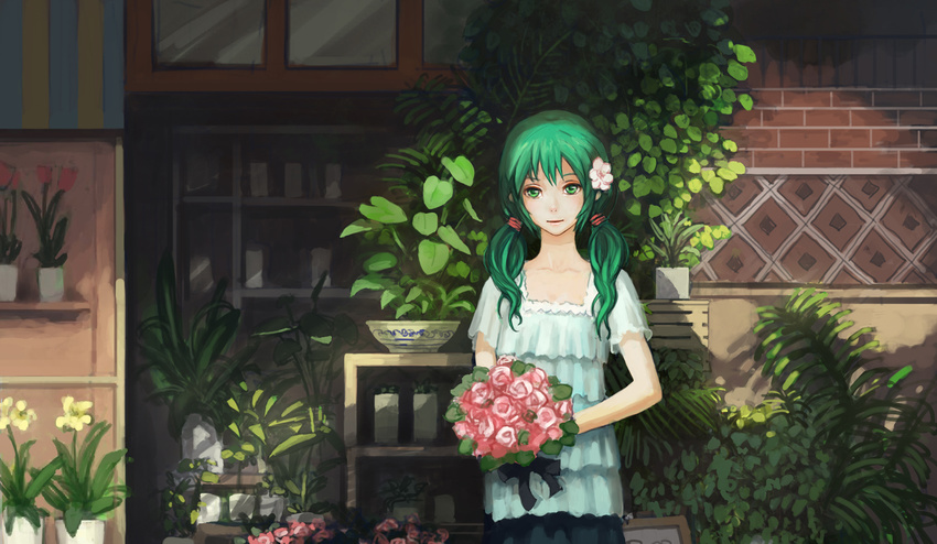 alternate_hairstyle bangs bouquet bow bowl brick bug fern flower fly gjred green_eyes green_hair hair_flower hair_ornament hair_over_shoulder hatsune_miku highres holding insect long_hair low_twintails palm_tree pink_flower pink_rose pot rose shelf smile solo standing tree tulip twintails vocaloid