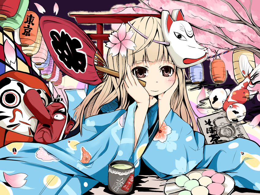 bad_id bad_pixiv_id blonde_hair blue_dress cherry_blossoms cup dango daruma_doll dress fan festival fish flower food fox_mask green_tea grey_eyes hair_flower hair_ornament hands_on_own_cheeks hands_on_own_face highres japanese_clothes kimono lantern mask original paper_fan paper_lantern sakuraba_hikaru_(loveindog) sanshoku_dango smile solo tea tengu_mask torii tree uchiwa wagashi yunomi